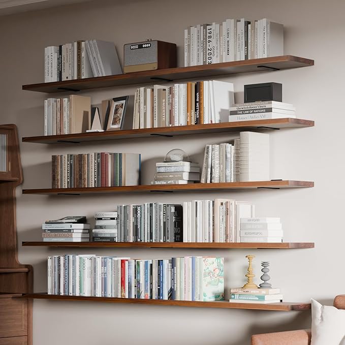 5 Tier Book Shelf,72 inch Long Floating Shelf for Wall,Adjustable Large Bookcase,Wall Mounted Bookshelf Display Shelves