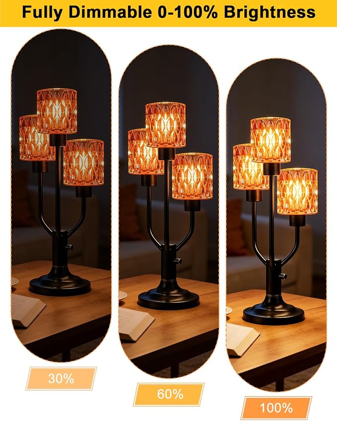 Lightdot Mid Century Modern Table Lamp Dimmable Nightstand Lamp Red Glass Vintage Black Desk Lamp 3 Bulbs Included Warmwhite Ambient Bedside Lamps for Living Room Bedroom Girls Room Home Office Decor