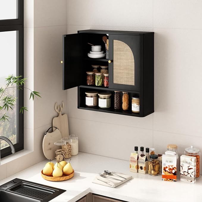 RUSTOWN Rattan Bathroom Wall Cabinet, Over The Toilet Storage Cabinets with 2 Arched Doors, Modern Medicine Cabinet with Adjustable Shelf & Rounded Edges, Mid-Century Bathroom Organization