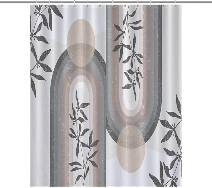 Boho Leaf Mid Century Shower Curtains, Bohemian Plant Mid Century Tropical Abstract Modern Washable Waterproof Fabric for Bathroom Decor Bathtub with 12 Hooks 55x72in（140x183cm）