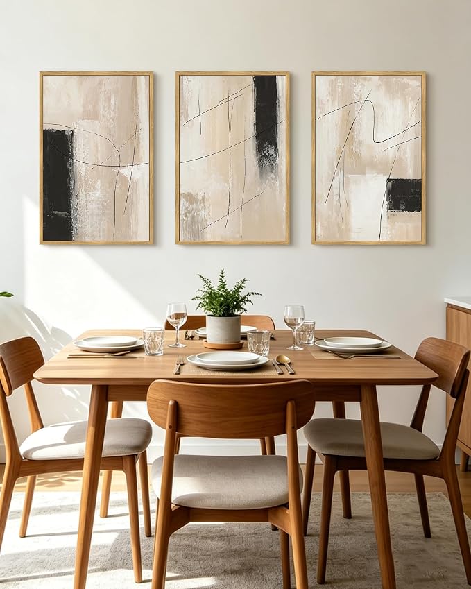 KUVIOKE Abstract Framed Wall Art Minimalist Beige Pastel Watercolor Neutral Wall Decor Modern Black Line Art Painting Home Decor 24x36in (Natural Framed)