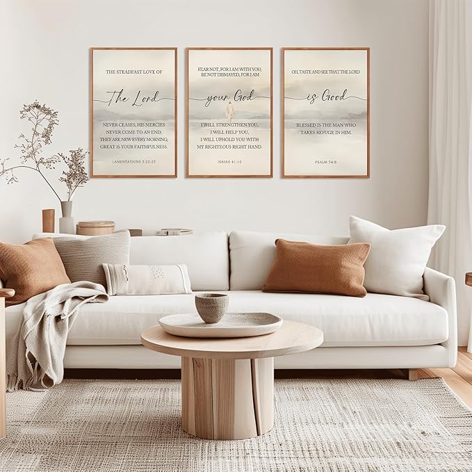 HLNIUC Jesus Scriptures Framed Wall Art,Inspiring Christian Scripture Wall Art Set of 3(24”x36”)The Lord Your God Is Good Bible Verse Wall Decor,Modern Religious Quotes Canvas Art Print for Home Living Room