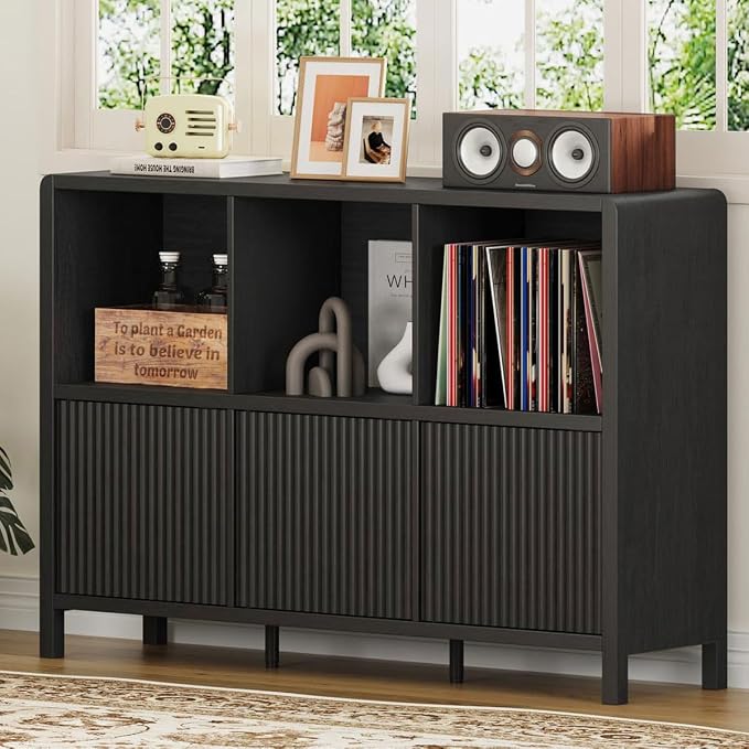 FATORRI 6 Cube Storage Organizer, Horizontal Bookcase with 3 Doors, Low Wood Bookshelf for Home Office, Bedroom, Living Room (Black)