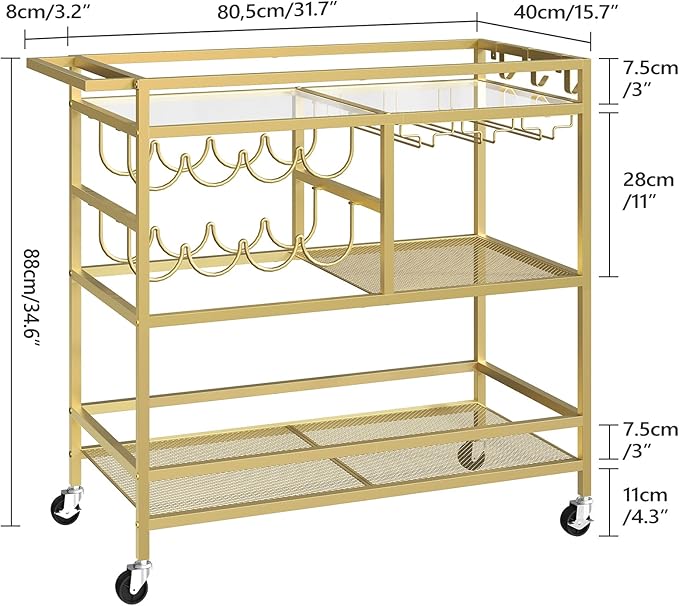 MAHANCRIS Bar Cart for Home, 3-Tier Serving Cart with Wheels and Handle, Beverage Cart with Wine Rack and Glass Holders, Rolling Wine Cart for Kitchen, Dining Room, Gold RCGD81B01