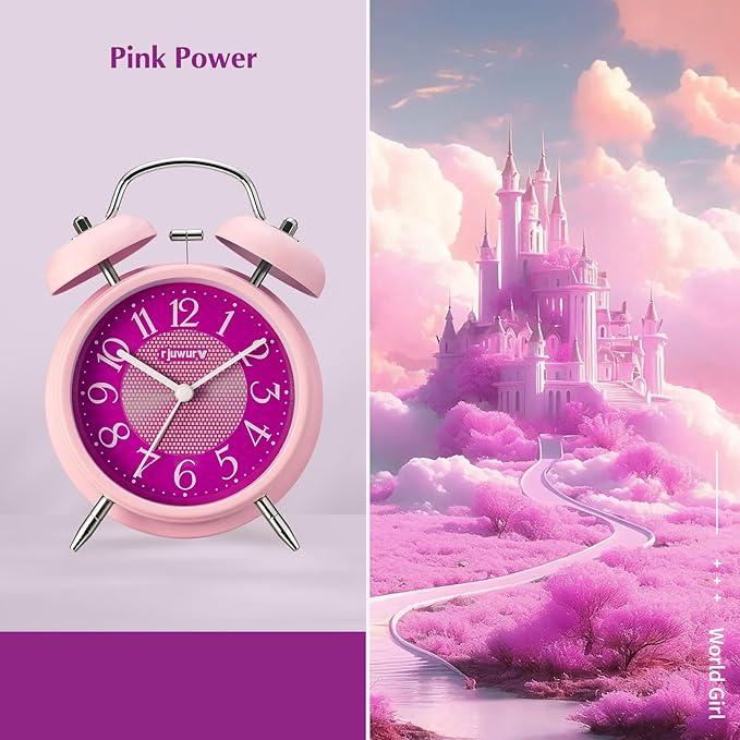 rjuwurv 4" Loud Alarm Twin Bell Alarm Clock, Night Light, Desk Clock Table Alarm Clock Bedroom Alarm Clock(Pink Power)