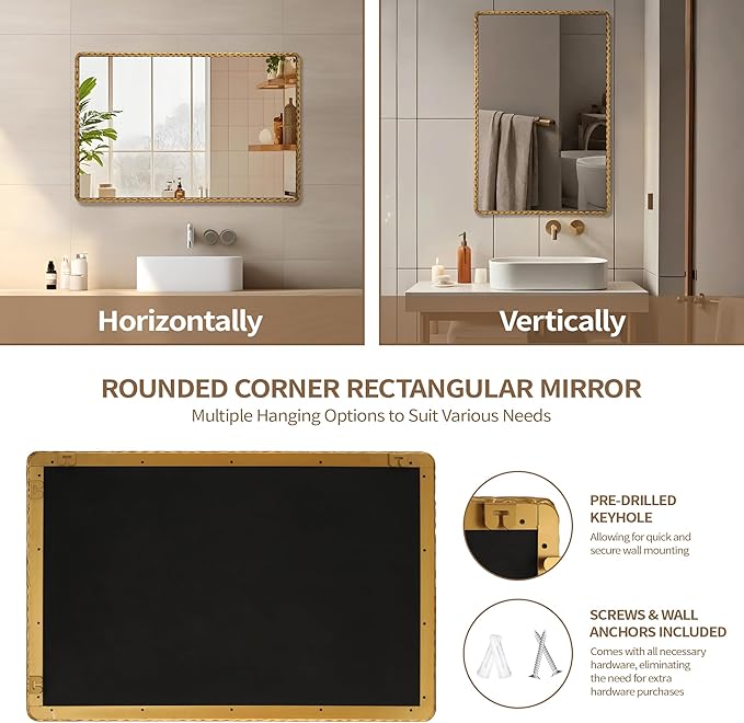 24"x36"Antique Gold Rounded Rectangle Bathroom Mirror, Hammered Metal Frame Wall Mirror, Vintage Decorative Gold Vanity Mirror for Bathroom Over Sink, Horizontal or Vertical Hanging