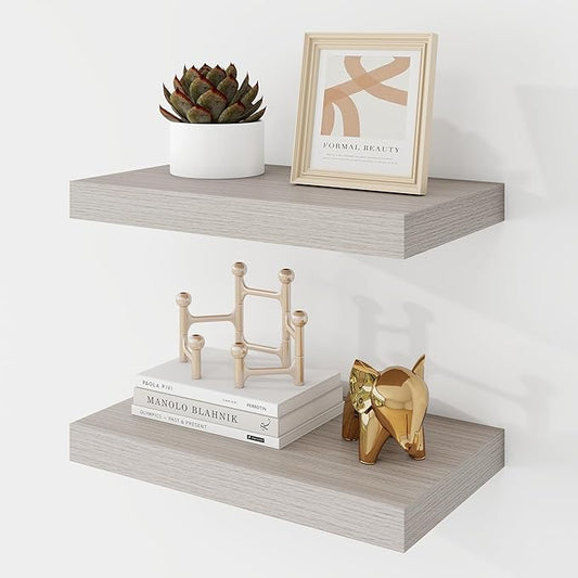 16 Inch Floating Shelves, 9.3" Deep Floating Shelf Wall Mounted, 16" Wall Shelves, Rustic Deep Bookshelf, Large Display Shelves & Storage Shelves for Bedroom, Living Room, Greige, Set of 2
