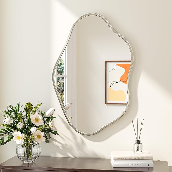 Keonjinn Nickel Irregular Mirrors for Wall 24" x 36" Inch, Asymmetrical Metal Frame, Tempered Glass Decorative Mirror for Bathroom, Bedroom, Living Room, Entryway(Horizontal/Vertical)