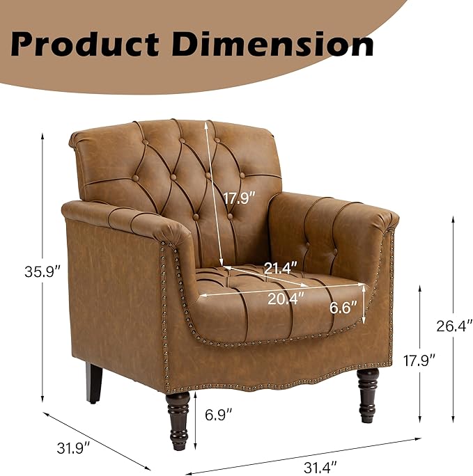 Lumibee Faux Leather Accent Chairs Set of 4, Upholstered Armchairs with Nailhead Trims & Wood Legs for Living Room, Bedroom, Contemporary Comfy Club Chairs for Office-Camel
