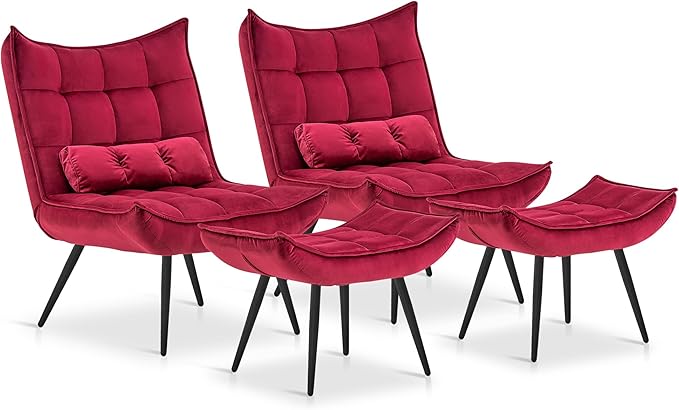 MCombo Accent Chair with Ottoman, Modern Velvet Wingback Lounge Chair, Upholstered Club Chair for Small Space, Living Room & Bedroom 4079 (2, Burgundy)