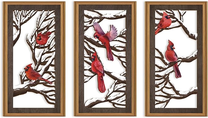 Ausril 3 Pcs Red Birds Wall Decor,Abstract Cardinal Wood Wall Art Bohemian Winter Xmas Hanging Decor Tree Branch Artwork Decoration for Farmhouse Bedroom Living Room 7.9 x15.8 Inch