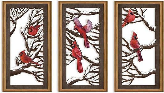 Ausril 3 Pcs Red Birds Wall Decor,Abstract Cardinal Wood Wall Art Bohemian Winter Xmas Hanging Decor Tree Branch Artwork Decoration for Farmhouse Bedroom Living Room 7.9 x15.8 Inch