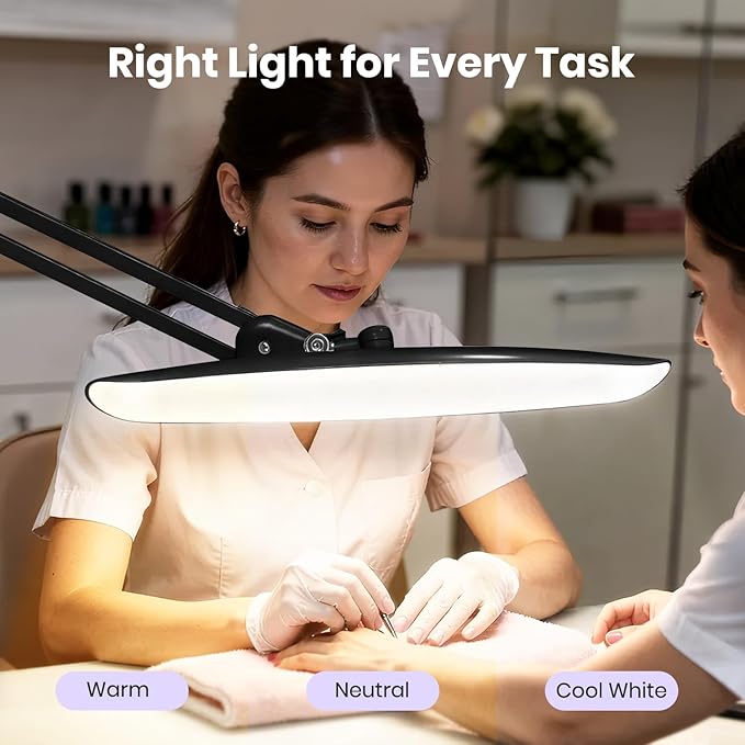 Neatfi XL Nail Desk Lamp with Clamp, 2200 Lumens, 20-Inch Wide Head, Dimmable 4 Levels, 3 Color Modes 3000K–6000K, LED Task Light for Manicure Table, Crafts, Workbench, Office (CCT, Black)
