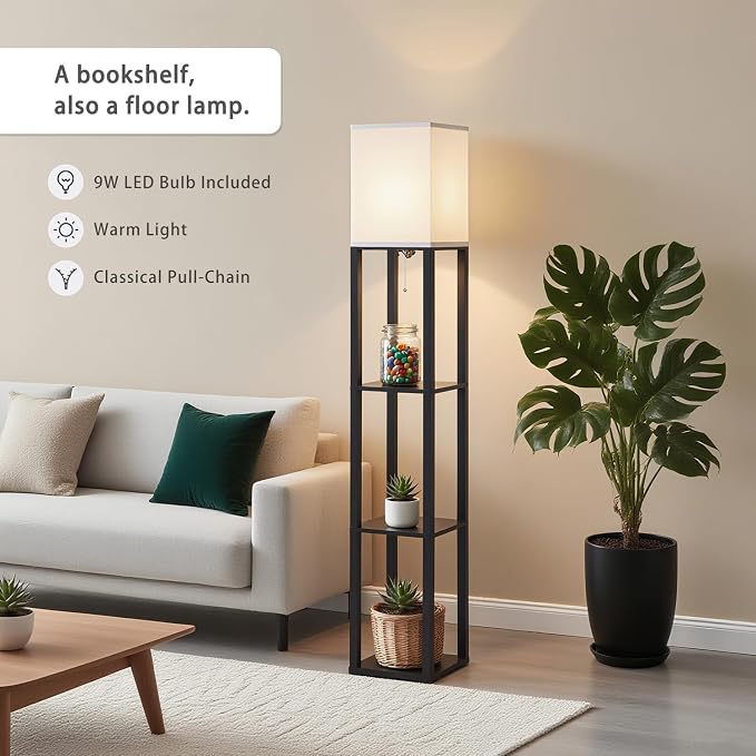Floor Lamp with Shelves, Modern Square Shelf Lamp for Living Room, Corner Display Standing Lamp, Tall Lamp with White Shade for Bedroom, Office, Home Decor (Black)