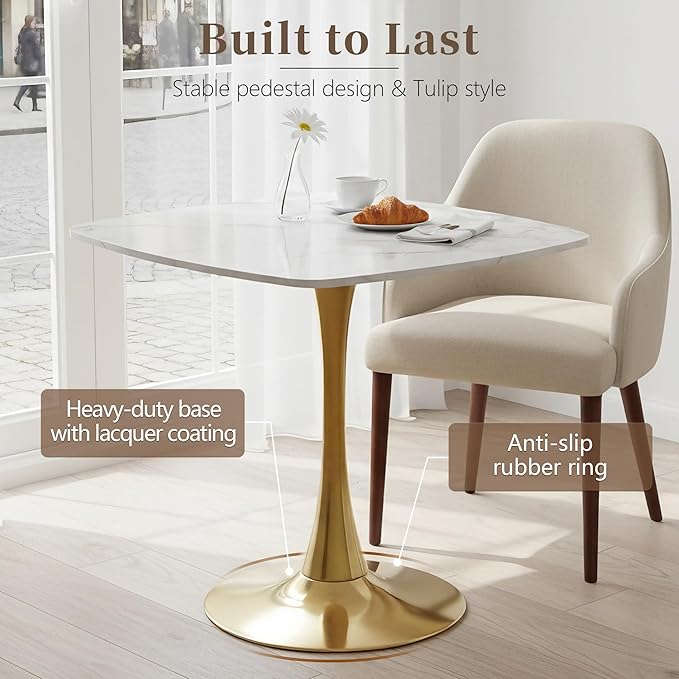 Square Dining Table,31.5" Tulip Table with Metal Pedestal,15-Minute Quick Assembly,Mid Century Modern Leisure Table for Kitchen Small Places Cafe (Faux Marble White Gold)