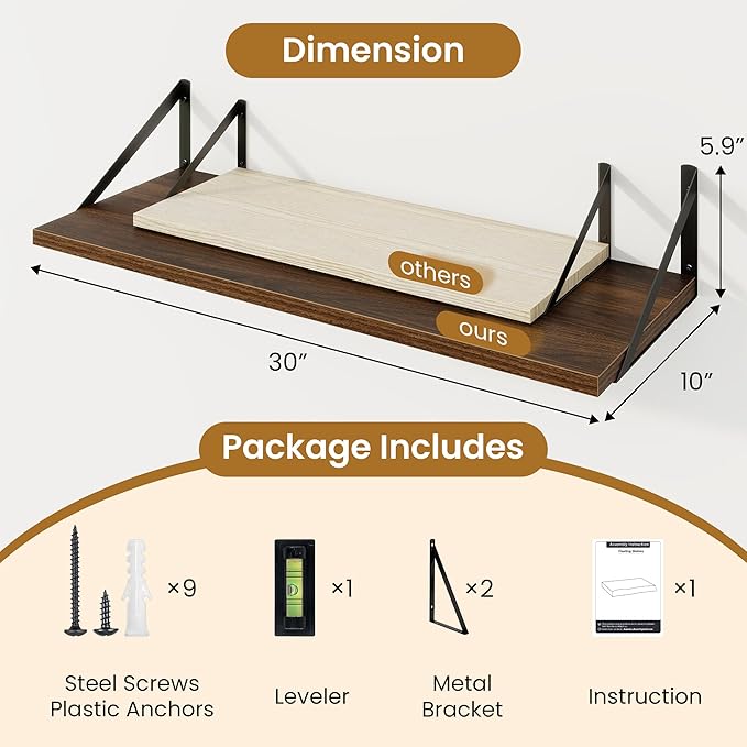 Deep Floating Shelves for Wall,30" Wx10 D Wood Floating Shelf Set of 2,Sturdy Metal Bracket Wide Display & Storage,Wall Mounted Hanging Floating Shelves for Living Room,Bedroom,Kitchen,Walnut