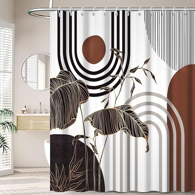 Mid Century Boho Shower Curtain for Bathroom Modern Abstract Aesthetic Bathroom Decor Set Black Gold Leaf Sun Arch Bathtub Curtains Machine Washable Waterproof Polyester Fabric with Hooks 69x70 Inch
