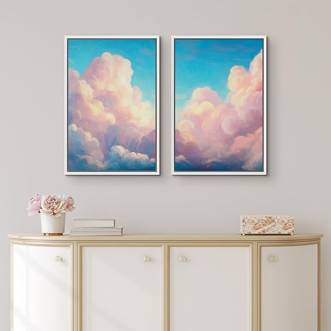 IDEA4WALL Framed Canvas Print Wall Art Set Pastel Sky Cloudscape Dreamy Pink and Blue Clouds Illustrations Modern Art Decorative Coastal Cottage Seascape for Bedroom - 24"x36"x2 WHITE