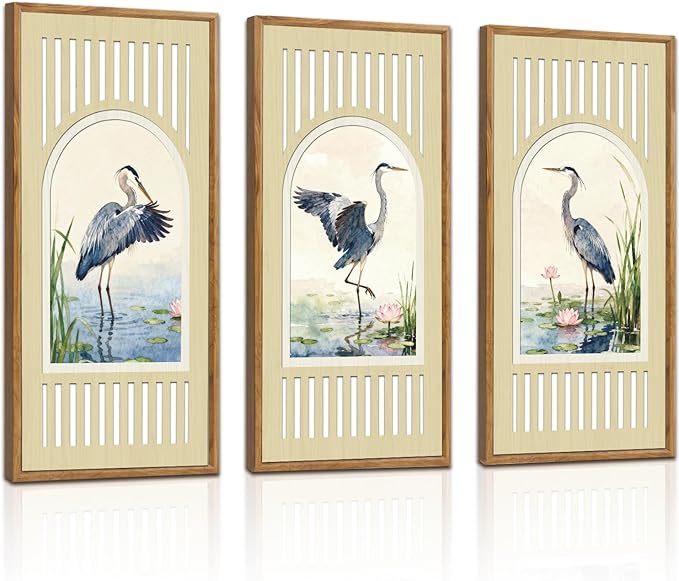 IARTTOP Great Blue Heron Wall Decor Set of 3 Farmhouse Coastal Birds Wall Art 8x16 Inch Watercolor Bird Art Prints Nature Wildlife Artwork for Living Room Bedroom Office Framed