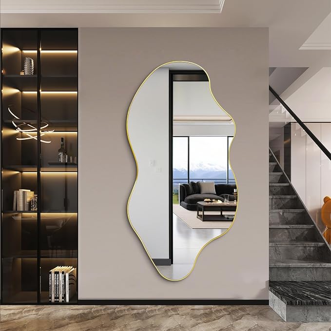 Large Irregular Mirror, 59"x30" Gold Asymmetrical Frameless Mirror Full Length, Organic Shape Wall Mirrors for Entryway Living Room Bedroom Hallway, Hangs Vertically or Horizontally
