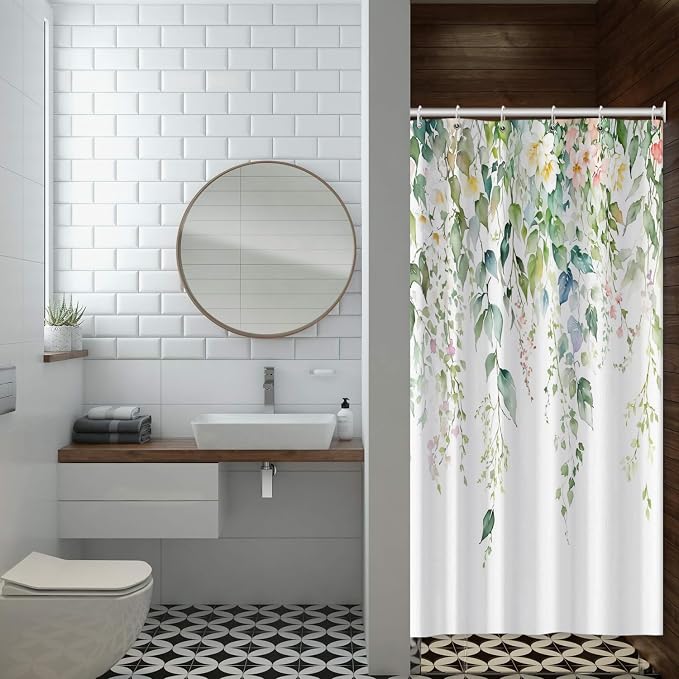 Sage Green Eucalyptus Shower Curtain Watercolor Botanical Floral Leaves Shower Curtain Set Spring Nature Bathroom Decor with 6 Hooks,36x72 Inches