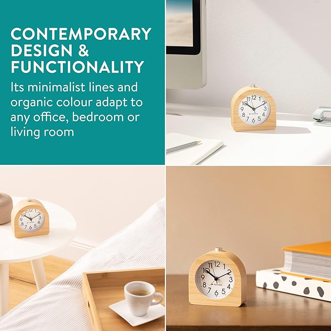 Navaris Wood Analog Alarm Clock - Half-Round Battery-Operated Non-Ticking Clock with Snooze Button and Light - Light Brown