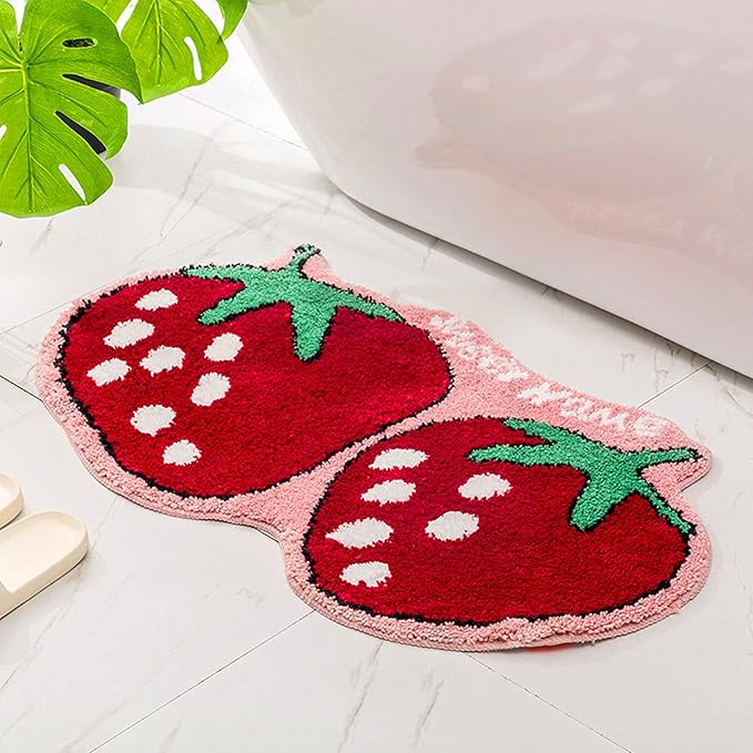 UKELER Cute Strawberry Shape Bathroom Rug for Kids Non Slip Absorbent Bath Mat Washable Shaggy Kids Bedroom Decor Bathroom Door Mat 31.5''x19.7''