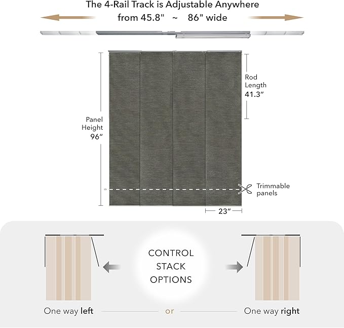 GoDear Design Shimmering Adjustable Sliding Panel Track Blinds, Vertical Window Blinds, Patio Door Blinds, Extendable Track from 45.8" to 86" W, Trimmable Panel Curtains Up to 96", Obsidian