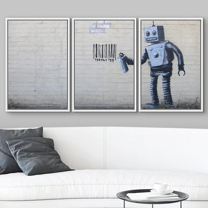 wall26 - Robot Graffiti Banksy Street - Framed Canvas Art Wall Art - 16"x24"x3 White