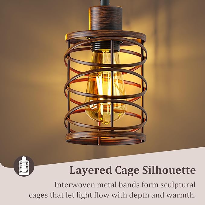 BOBOMOMO 70" Farmhouse Dimmable Floor Lamp, Walnut Brown Industrial Metal Cage Standing Lamp with 3 LED Bulbs, Stepless Dimming Tall Tree Lamp for Living Room, Bedroom, Office, Corner