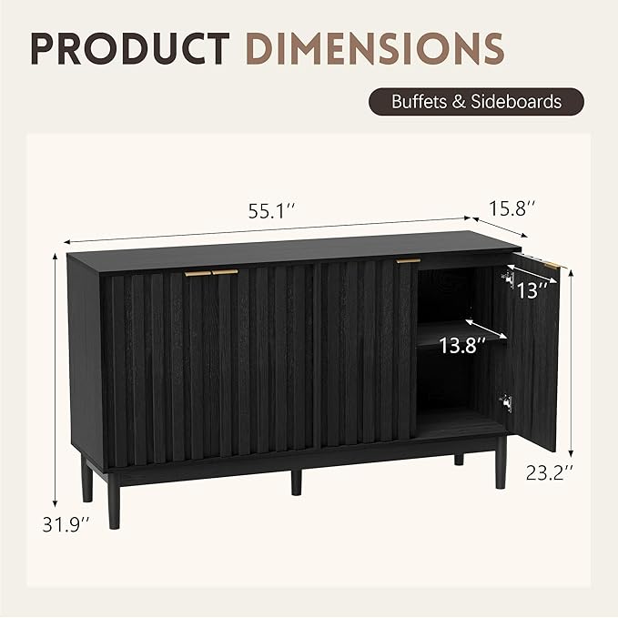 Fluted Cabinet with Storage, Small Buffet Cabinet Sideboard with Door, Kitchen Buffet Storage Accent Cabinets with Adjustable Shelves for Living Room, Entry, Hallway,Black