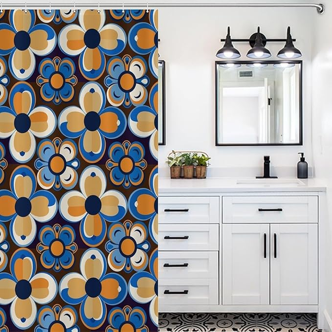 Bohemia Royal Blue Flowers Shower Curtain Mid Century Funky Retro Hippie 60s 70s Aesthetic Washable Waterproof Fabric for Bathroom Decor Bathtub with 12 Hooks 55x72in（140x183cm）