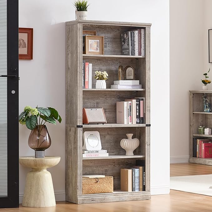 70" Grey Tall Bookshelf Set of 3,5-Tier Thick Wooden Book Shelf with Adjustable Shelves,Free Standing Farmhouse Bookcase with Open Display Storage,Floor Vintage Bookshelves for Living Room