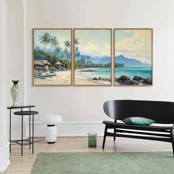 Rantodecor Tropical Coastal Framed Canvas Wall Art, Beach Landscape Posters Wall Decor, Island Palm Trees Beach House Art Paintings, Seascape Mountains Artwork for Bedroom Living Room Office 16"x24"x3