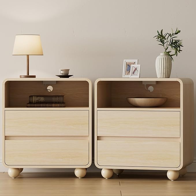 Lulive Wood Night Stand with Drawers, Modern Bedside End Table with Charging Station, Curved Profile Design Storage Nightstand for Bedroom, Natrual