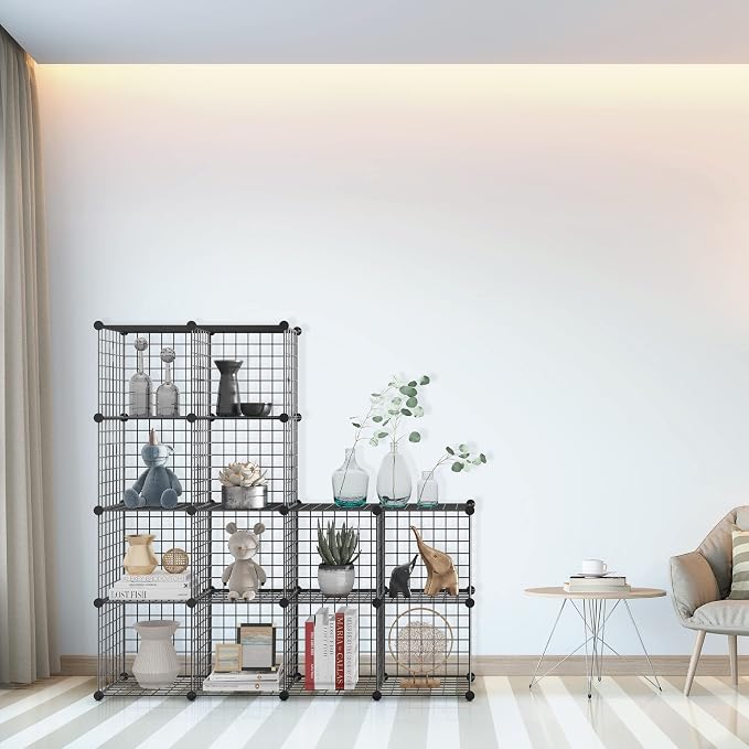 Wire Storage Cubes, Metal Storage Shelves Bookshelf, Stackable Modular Closet Organizer for Bedroom Living Room, Office, Black (12 Cubes, Iron)