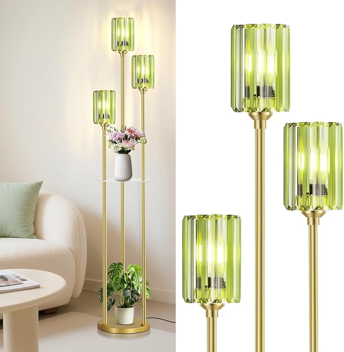 Crystal Floor Lamps for Living Room, Glass Modern Floor Lamp with Shelves, Mid Century Standing Lamps with Table, Brass Tall Lamp with Crystal Shade Vintage Retro Corner Floor Lamp (Green Cystal Gold)