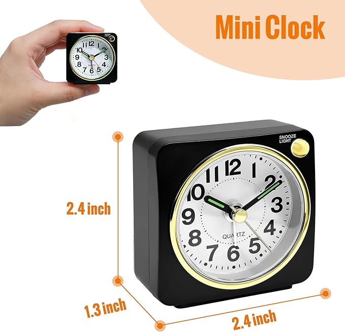 Lamisola Mini Travel Alarm Clock, Small Battery Analog Alarm Clock, Bedside Desk Clocks for Bedrooms, Vintage Home Decor for Bathroom Kichen Office Room, Black