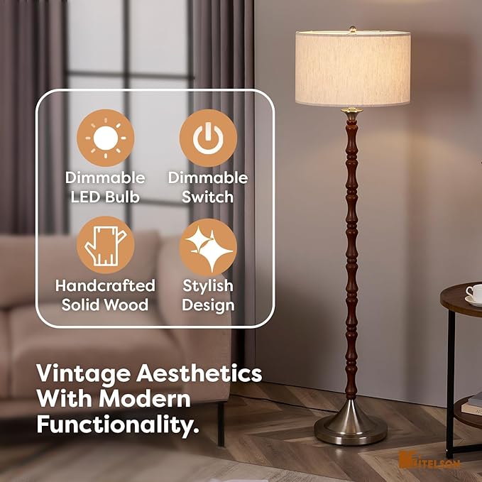 LED Floor Lamp, Mid Century Lamp with Drum Shade, Great Living Room Décor, Rustic Retro Tall Lamp, Modern Standing Lamp for Bedroom and Office, Adjustable Lighting, Walnut Wood Finish