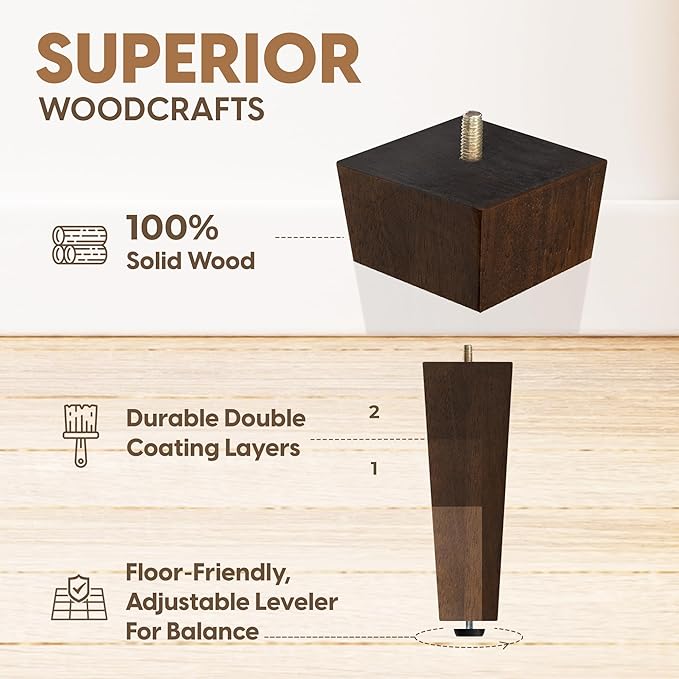 Yes4All 8-Inch Square Black Solid Wood Furniture Legs Set of 4, Heavy Duty 800 lbs Capacity, Adjustable Levelers, Replacement Furniture Legs for Couch, Sofa, Dresser, Ottoman, Chair, and Bed