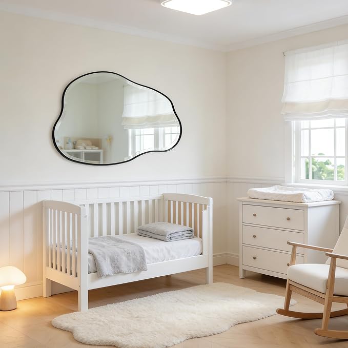 POZINO Irregular Beveled Wall Mirror, 36" x 24" Asymmetrical Vanity Mirror with Metal Frame, Organic Cloud Shaped Mirror for Bathroom Entryway Living Room Bedroom, Horizontal or Vertical Hanging