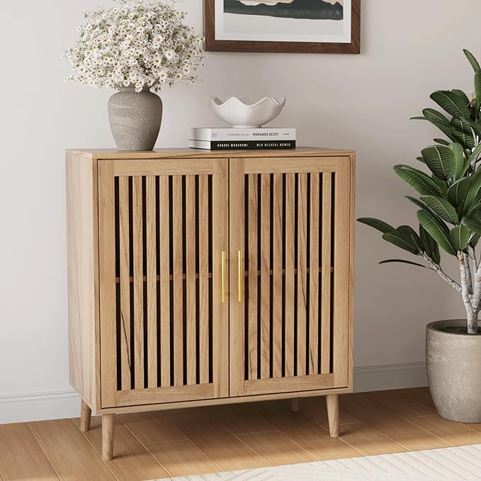 Smart FENDEE Sideboard Cabinet, 31.5" W Farmhouse Buffet Cabinet with Slatted Doors & Adjustable Shelf, Wooden Coffee Bar Storage Station for Kitchen, Dining Room, Living Room, Entryway, Natural