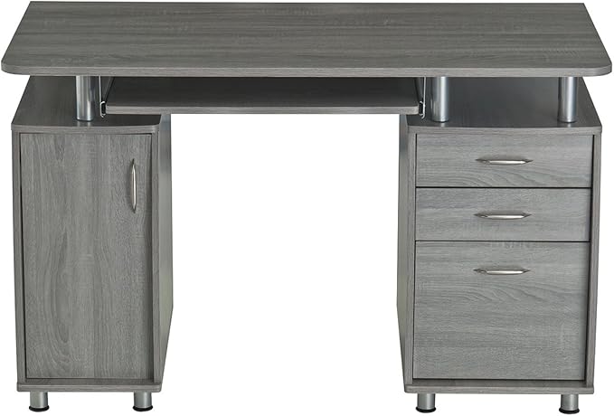 Techni Mobili 48'' W Computer Desk with File Cabinet and Drawers, Storage Cabinet with Removable Shelf and Ventilation for CPU, Home Office Desk or Computer Workstation with Keyboard Tray, Grey