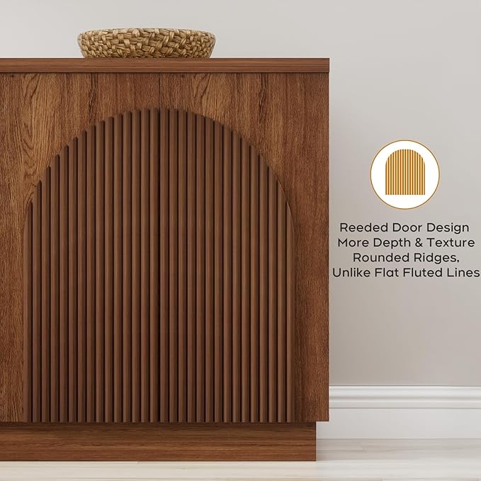 Yechen Walnut Fluted Sideboard Buffet Cabinet with Arched Reeded Design Doors, Mid Century Modern Credenza Storage Cabinet with 2 Adjustable Shelves Inside, for Living Room Kitchen Dinning Hallway