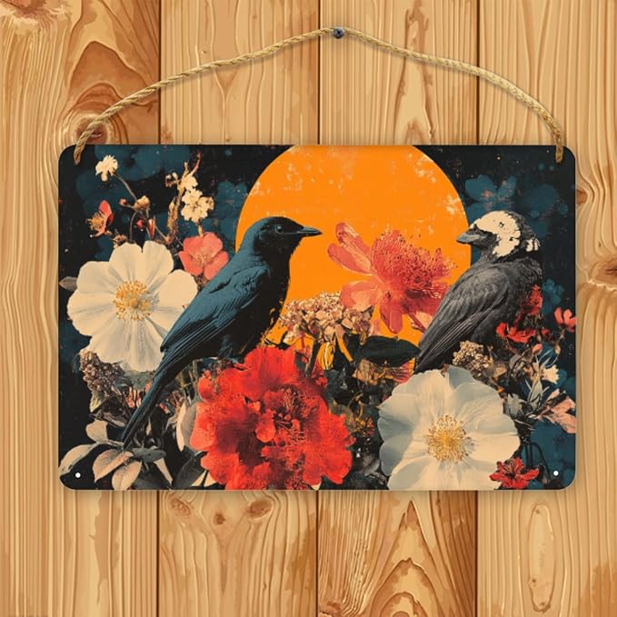 Vintage Black Bird Amidst Red-White Flowers Wooden Sign 12x8 Inch - Eclectic Bedroom Decor for Retro Fans - Thoughtful Gift for Unique Interior Seekers