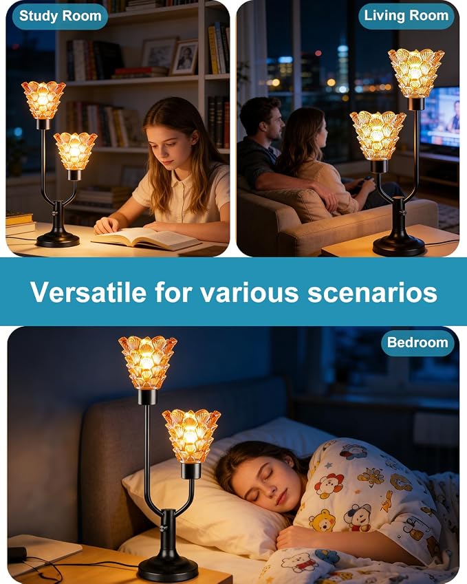 Lightdot Vintage Table Lamp for Living Room Dimmable Mid Century Modern Desk Lamp Amber Glass Black Nightstand Lamp 2 Bulbs Included Warmwhite Ambient Bedside Lamps for Bedroom Home Office Decor Gift