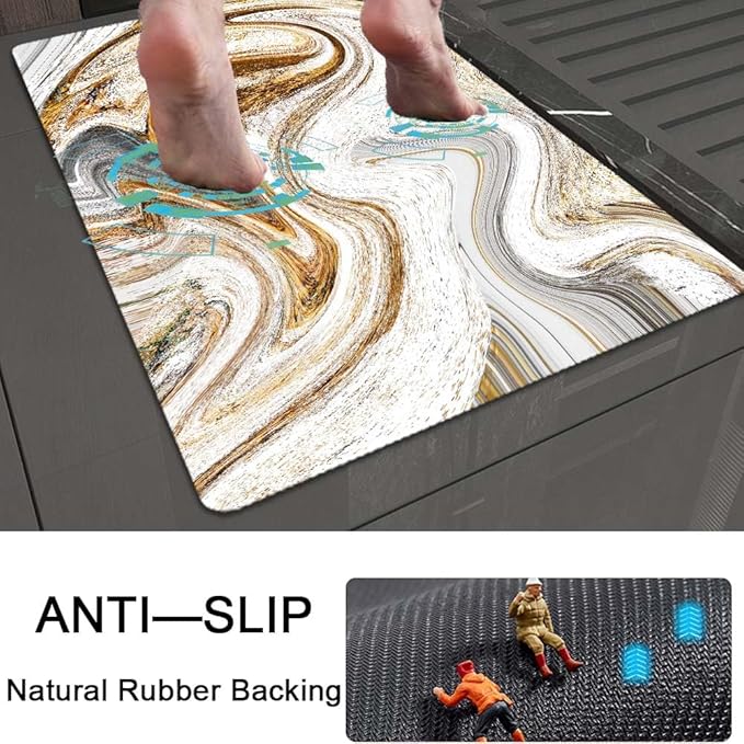 Bath Mat Rug,White Grey Gold Marble Non Slip Quick Dry Super Absorbent Thin Bathroom Rugs Fit Under Door-Easy to Clean Bathroom Floor Mats-Shower Rug for Shower Sink Bathtub(17" x 27.5"in)
