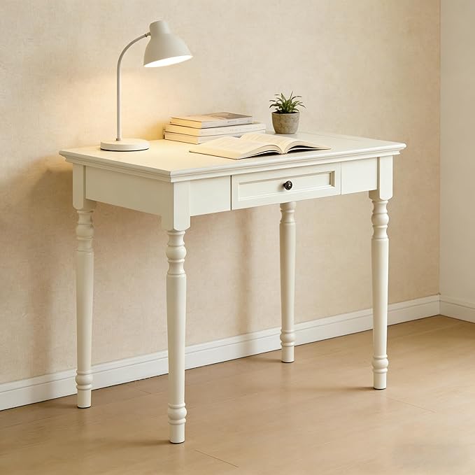 ADORZ Writing Desk with Drawers, 35 Inch French Country Desk Solid Wood Writing Desk for Home Office, Study Workspace or Bedroom (White, 35 inches)