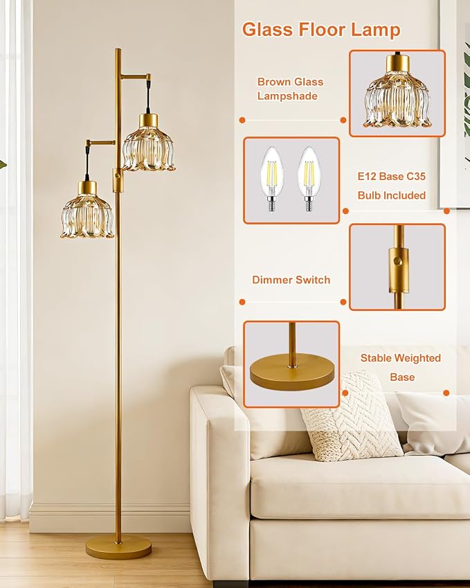 Lightdot 2- Light Gold Flower Floor Lamp, 65IN Amber Glass Floor Lamps with 3000K Warm White Bulbs, Modern Standing Tall Lamp with 5Lbs Heavy Base for Living Room Bedroom Home Office Sofa Beside