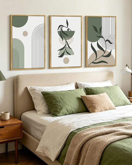 KUVIOKE Boho Wall Art Framed Botanical Modern Plants Wall Printing Green Neutral Abstract Geometric Prints Bohemain Sage Decor for Farmhouse Living Dining Room 24x36in (Natural Framed)